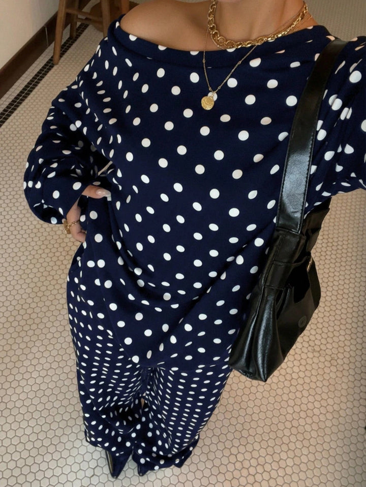 Damen Gepunktetes Zweiteiliges Lounge-Set mit weitem Boatneck und weiten Palazzo-Hosen Drune