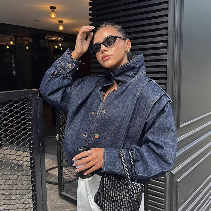 Damen Oversize Jeansblouson mit hohem Stehkragen, Druckknopfleiste und Schulter-Detail Drune