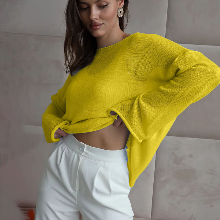 Damen lässiger Pullover mit weiten Ärmeln und feinem Lochstrickdesign Drune