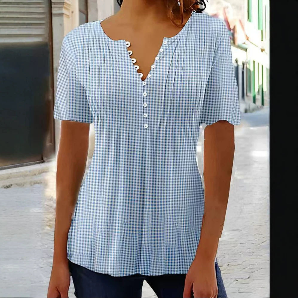 Damen nan leichte Karobluse mit V-Ausschnitt, Zierknopfleiste und Stufenvolant Drune