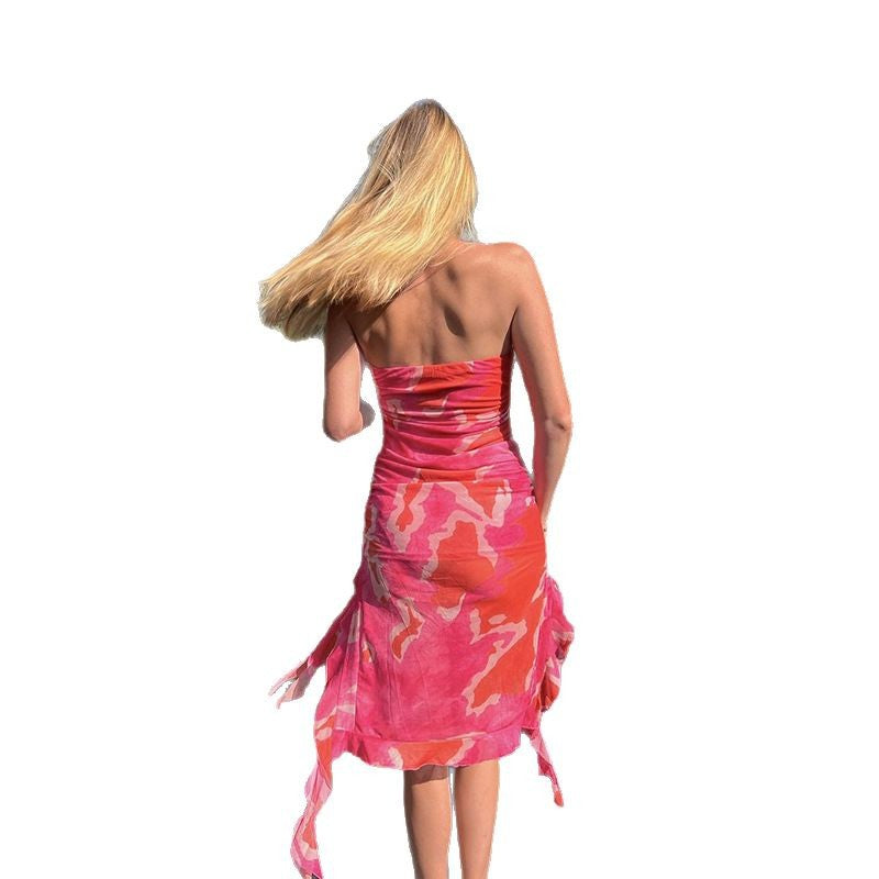 Damen elegantes Rüschenkleid mit trägerlosem Oberteil und asymmetrischem Saum Drune