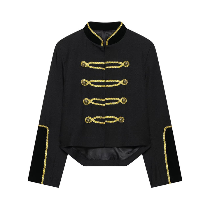 Damen Kurzblazer im Militärstil mit goldener Kordverzierung und Schwalbenschwanz Drune
