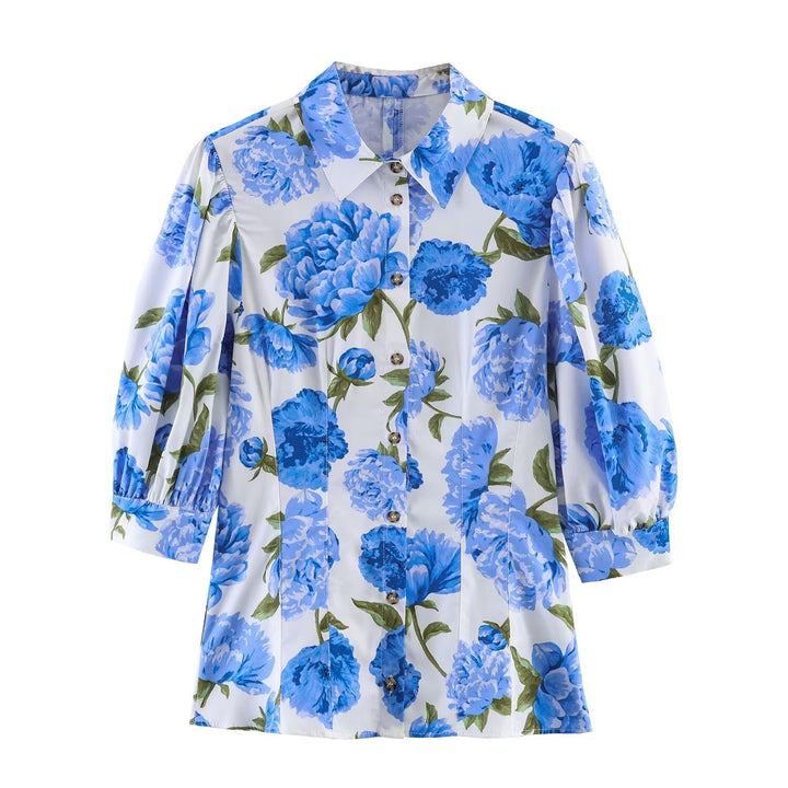 Damen Hemdbluse im A-Linien‑Schnitt mit floraler Allover‑Print, taillierten Teilungsnähten und Puffärmeln Drune