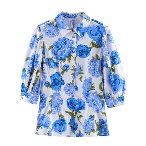 Damen Hemdbluse im A-Linien‑Schnitt mit floraler Allover‑Print, taillierten Teilungsnähten und Puffärmeln Drune