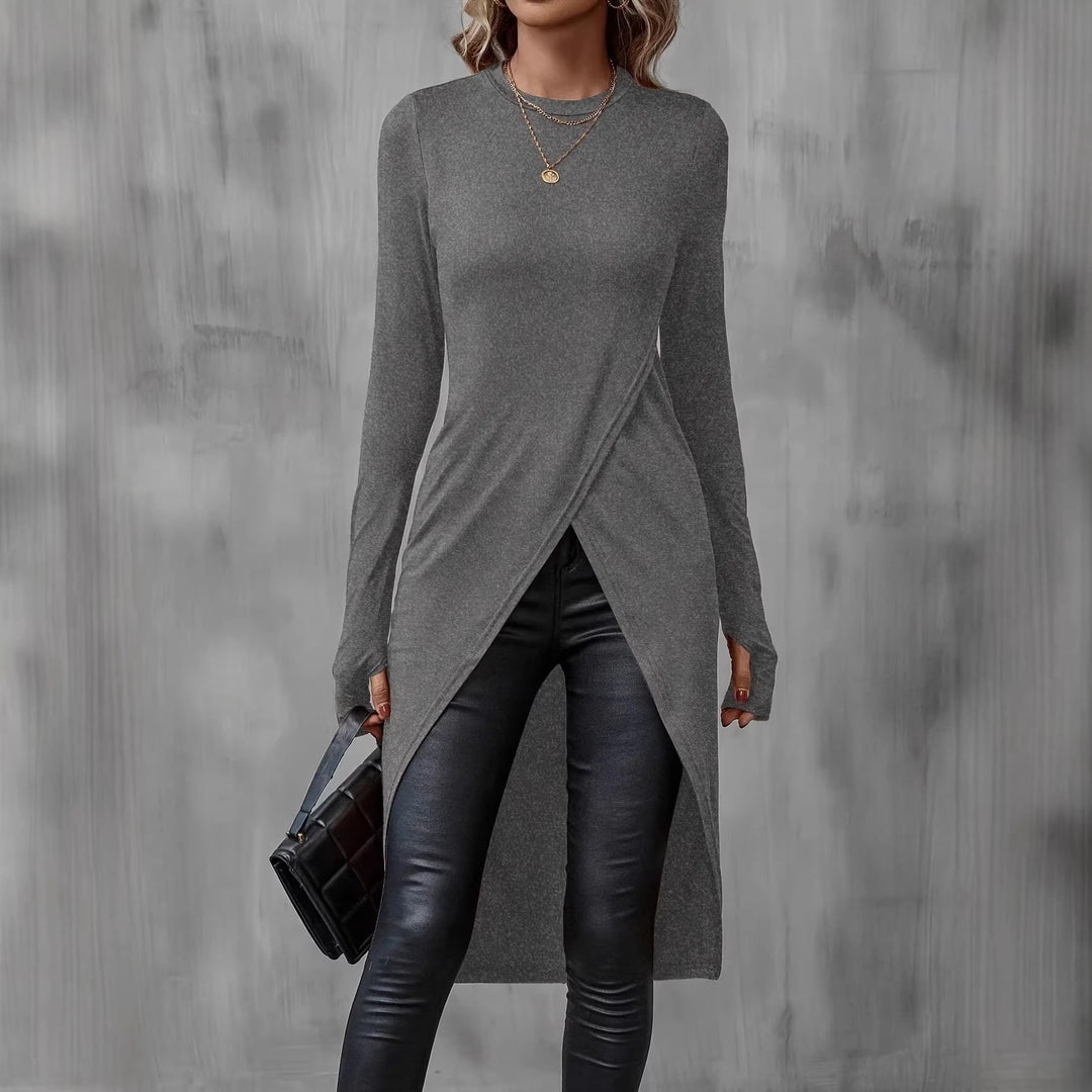 Damen Langes asymmetrisches Wickel-Tunika-Top mit Frontschlitz Drune