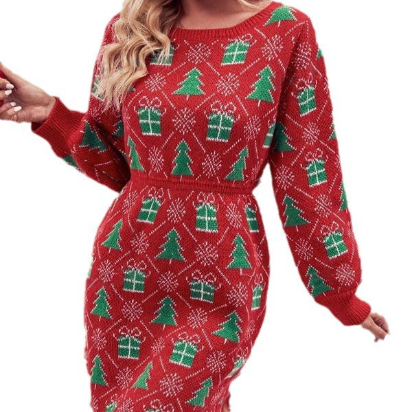 Damen Strickkleid mit festlichem Weihnachtsmotiv und weitem Rundhalsausschnitt Drune
