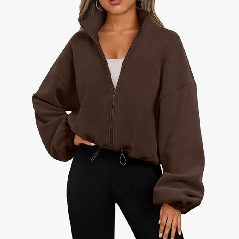 Damen lässige Fleece-Jacke mit hohem Kragen und Kordelzug Drune