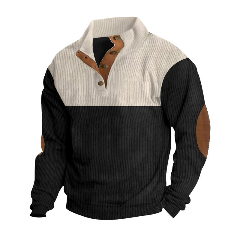 Herren nan lässiger Strickpullover mit Knopfleiste, Stehkragen und Ellenbogenpatches Drune