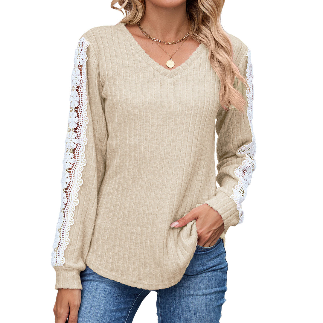 Damen Relaxed Fit V-Ausschnitt Pullover mit Spitzenakzenten Drune