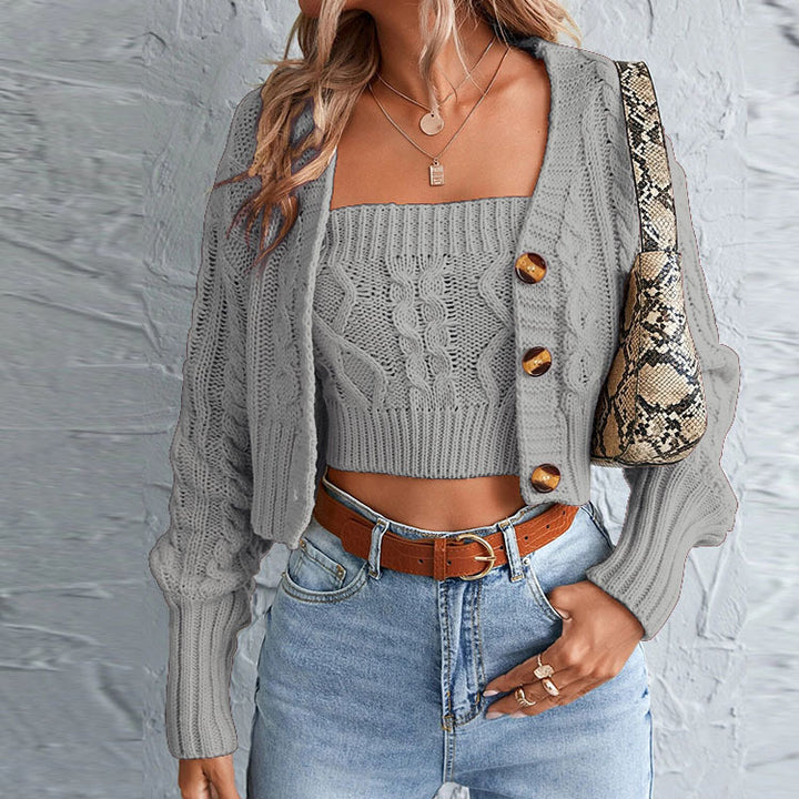 Damen lässiges Strick-Set mit offener Jacke und Crop-Top Drune