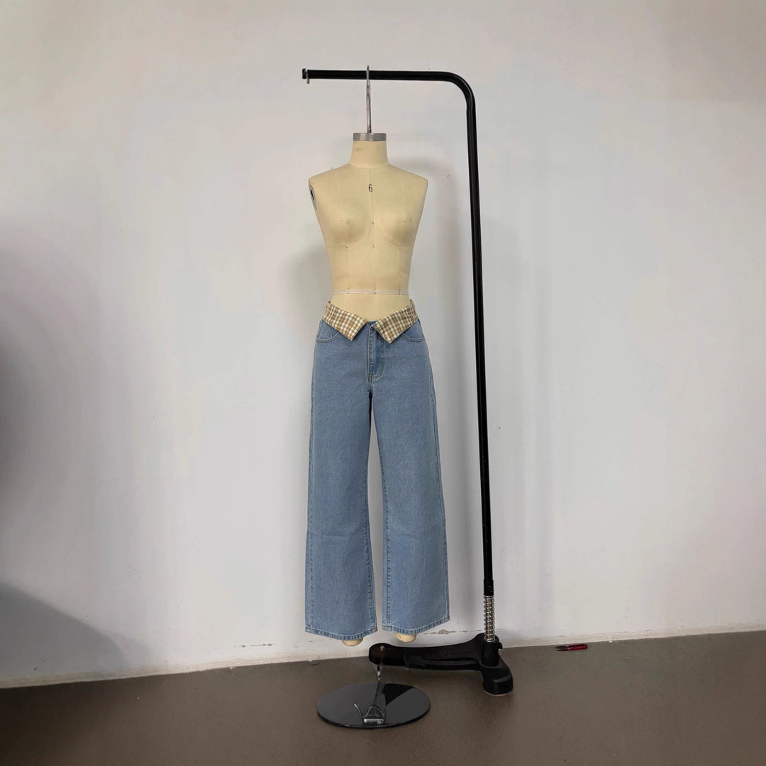 Damen nan weite Schlagjeans mit umgeschlagenem Karobund und klassischem Five-Pocket-Schnitt Drune