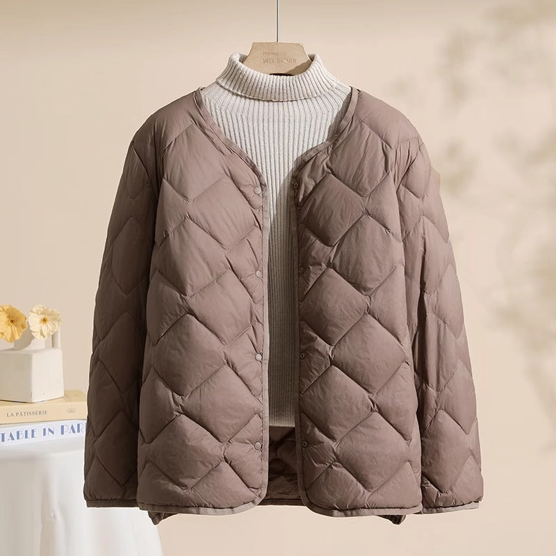 Damen Gesteppte Kurzjacke mit Diamantsteppung, Rundhalsausschnitt und Druckknöpfen Drune