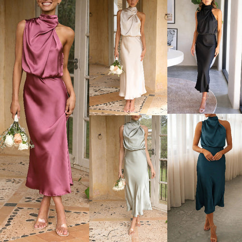 Damen Maxi-Kleid mit asymmetrischem Oberteil und fließendem Satin Drune