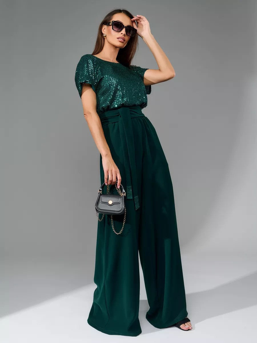 Damen Glitzernder Jumpsuit mit weitem Bein und Taillengürtel Drune