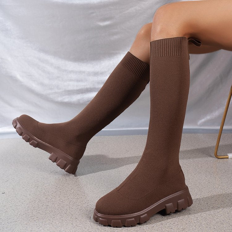 Damen Strick-Overknee-Stiefel mit elastischem Sock-Schaft und klobiger Lug-Sohle Drune