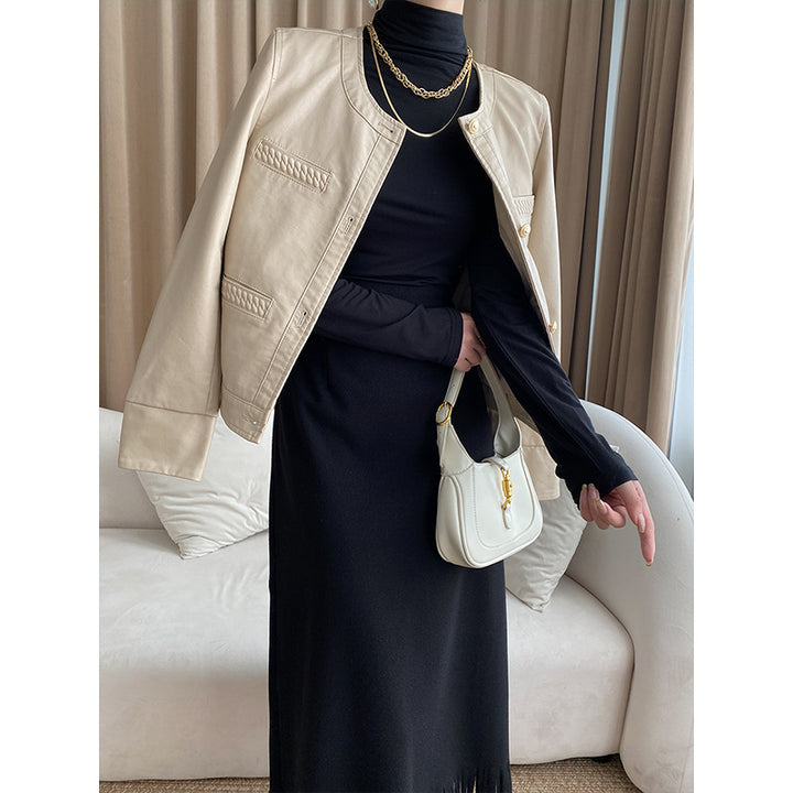 Damen Lederjacke im modernen Stil mit dekorativen Taschen und elegantem Schnitt Drune