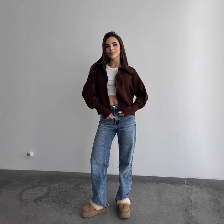 Damen Grobstrick-Zipper-Cardigan mit Ballonärmeln und Stehkragen Drune