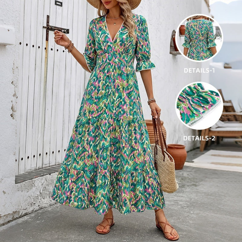 Damen Langes Maxikleid mit Rüschendetails und V-Ausschnitt Drune