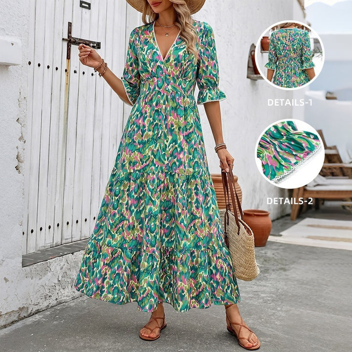Damen Langes Maxikleid mit Rüschendetails und V-Ausschnitt Drune
