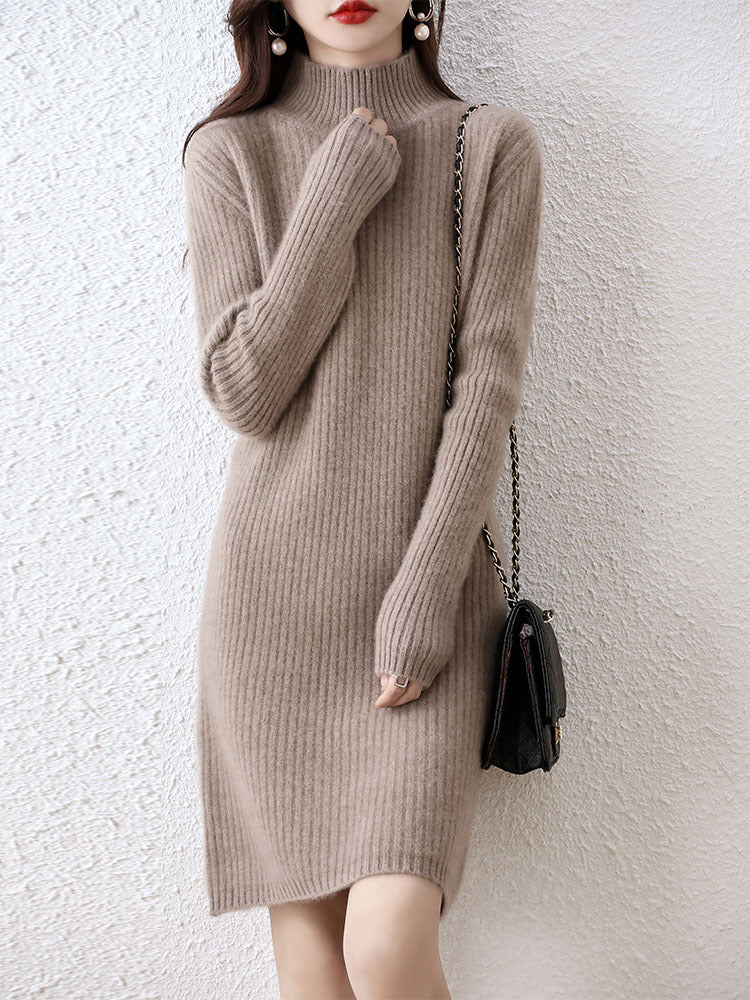 Damen Strickkleid im eleganten Rippdesign mit hohem Kragen Drune