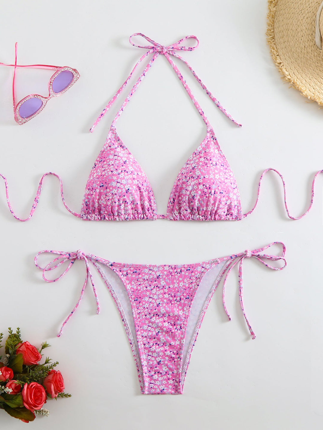 Damen Triangel-Bikini mit liebevollem Blumenmuster und verstellbaren Trägern Drune
