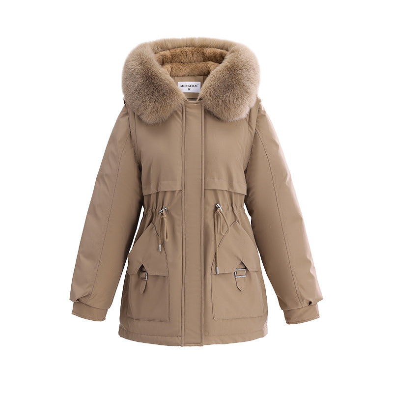 Damen nan kuscheliger Kurzparka mit extrabreitem Pelzkragen, verstellbarem Taillenzug und Cargo-Taschen Drune