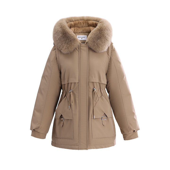Damen nan kuscheliger Kurzparka mit extrabreitem Pelzkragen, verstellbarem Taillenzug und Cargo-Taschen Drune