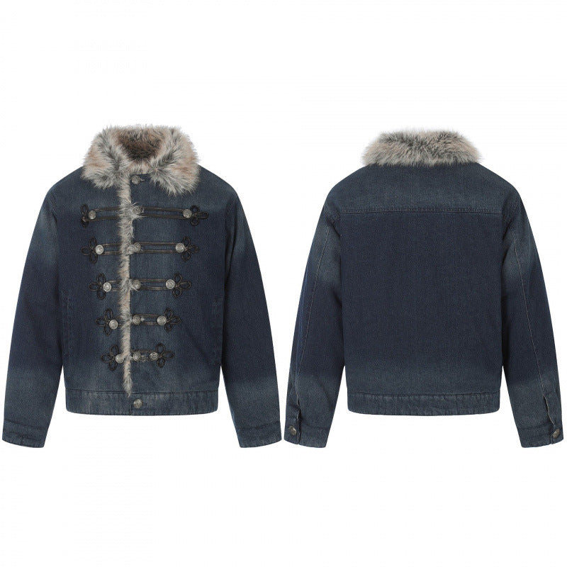 Herren Jeansjacke im Military‑Inspirierten Ornamentstil mit Kunstfellbesatz Drune