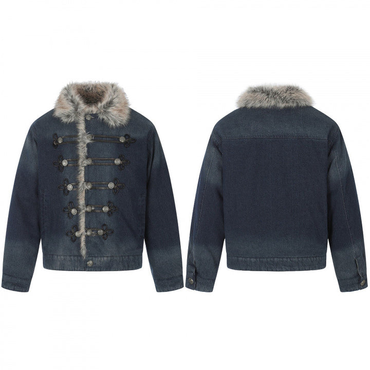 Herren Jeansjacke im Military‑Inspirierten Ornamentstil mit Kunstfellbesatz Drune