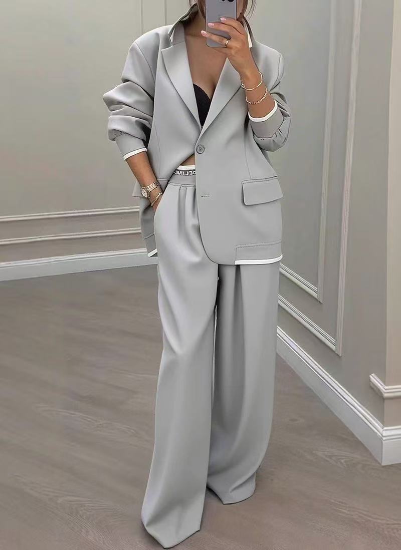 Damen Oversize-Tailoring-Set mit Kontrastpaspel, Single-Button-Blazer und hochgeschnittener Weitbeinhose Drune