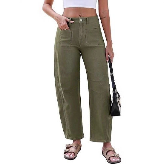 Damen weite Jeans mit hohen Taillenschnitt und praktischen Taschen Drune