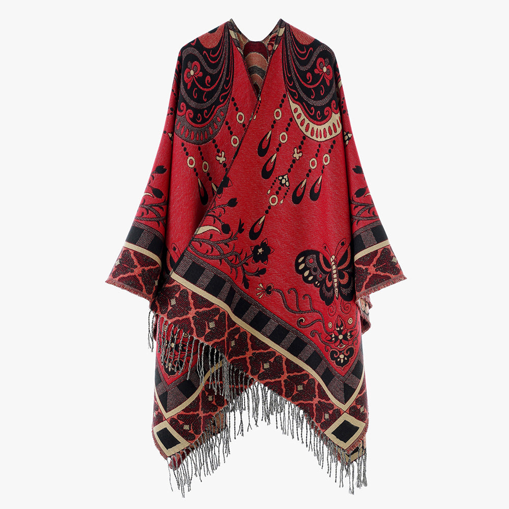 Damen Jacquard-Statement-Poncho mit Paisley- und Schmetterlingsmotiv sowie Fransen Drune