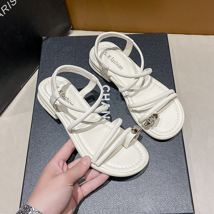 Damen Flache Riemchensandalen mit Zehensteg, elastischem Fersenriemen und Schmuckapplikation Drune