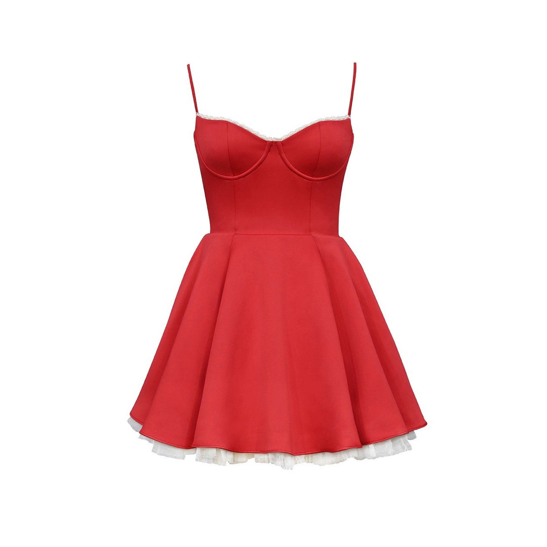 Damen verspielt elegantes Minikleid mit Spitzenbesatz und schwingendem Rock Drune
