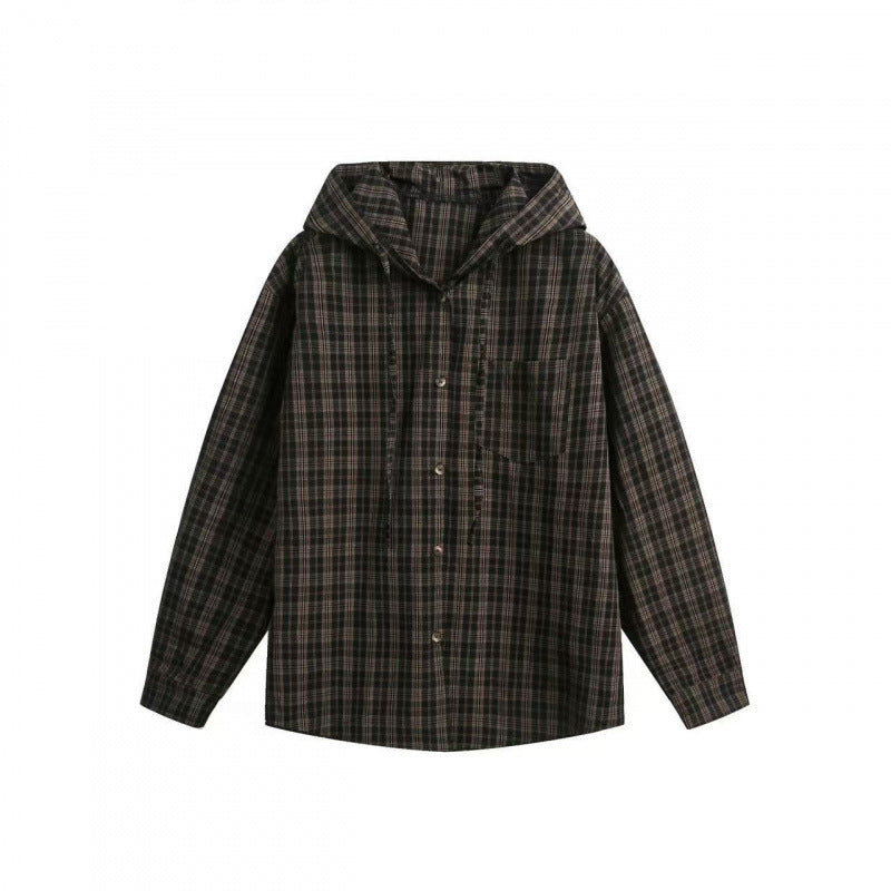 Unisex Weite karierte Kapuzen-Hemdjacke aus Baumwollflanell mit aufgesetzter Brusttasche Drune