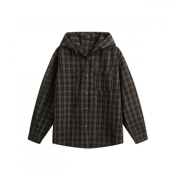 Unisex Weite karierte Kapuzen-Hemdjacke aus Baumwollflanell mit aufgesetzter Brusttasche Drune