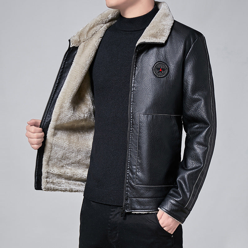 Herren Kunstleder-Fliegerblouson mit durchgehendem Sherpa-Futter und hohem Stehkragen Drune
