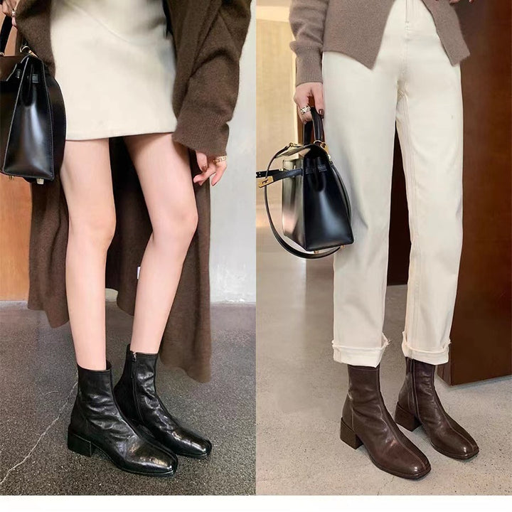 Damen Glattleder-Stiefelette mit schlanker Socken-Passform, innenliegendem Reißverschluss und sculpted Blockabsatz Drune