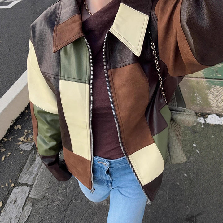 Damen Patchwork-Lederjacke mit Reißverschluss und Oversize-Boxy-Schnitt Drune