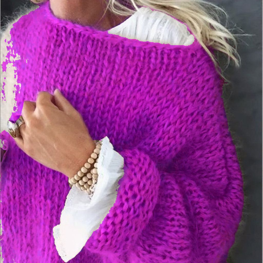 Damen Kurzgeschnitteter flauschiger Grobstrickpullover mit überschnittener Schulter Drune