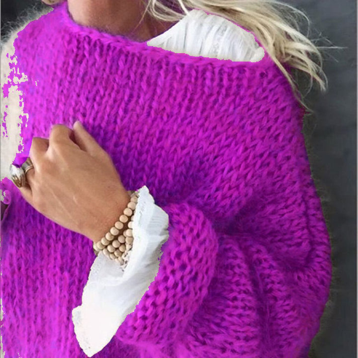 Damen Kurzgeschnitteter flauschiger Grobstrickpullover mit überschnittener Schulter Drune