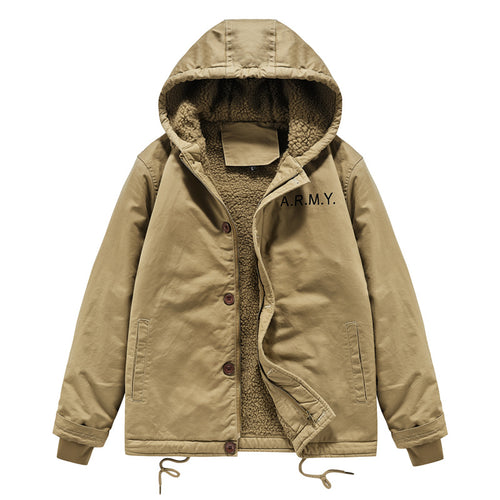 Herren nan gefütterte Fieldjacke mit Kapuze, Teddyfutter, verdeckter Reißverschluss und Kordelzug Drune