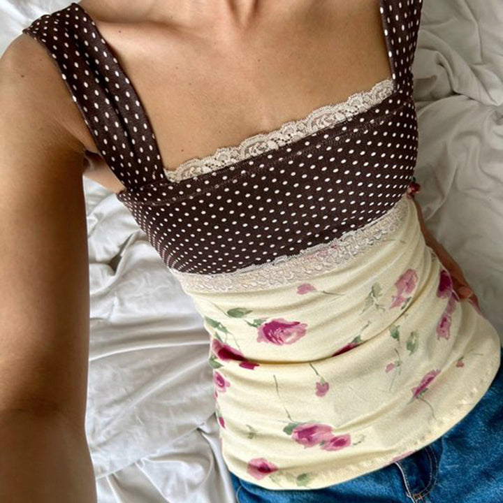 Damen Verspieltes Blütenmuster Top mit Punkten und Raffinierter Schleifenbindung Drune