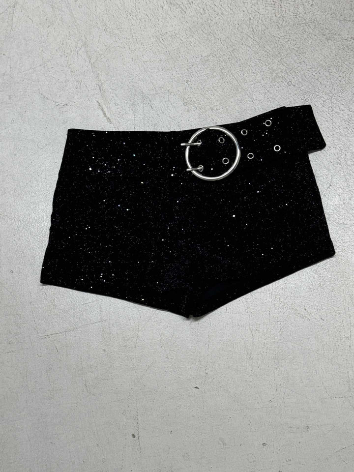 Damen Glitzernde Kunstleder-Shorts mit dekorativem Gürtel Drune