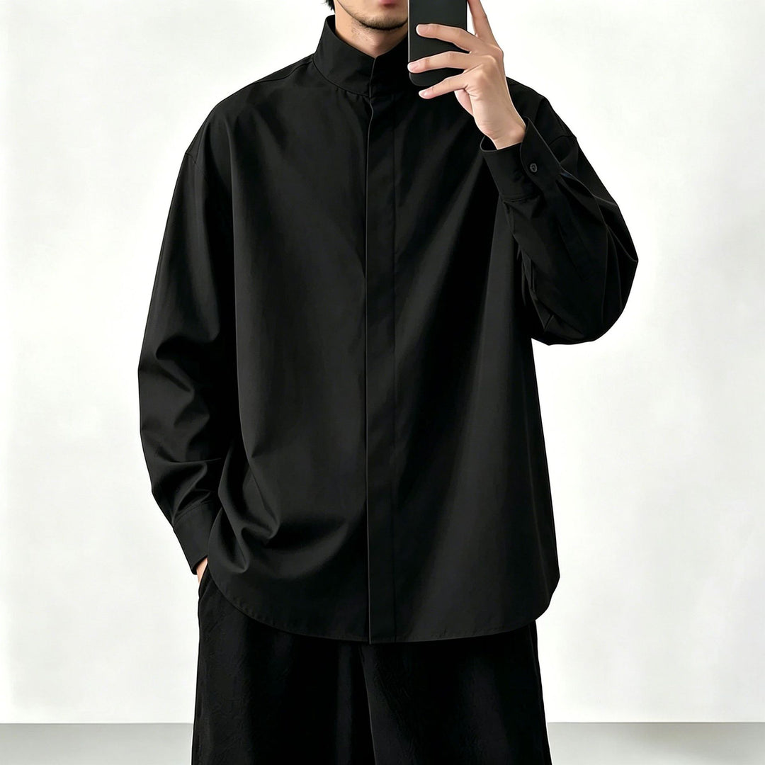 Damen Oversized Hemd mit Stehkragen und verdeckter Knopfleiste Drune