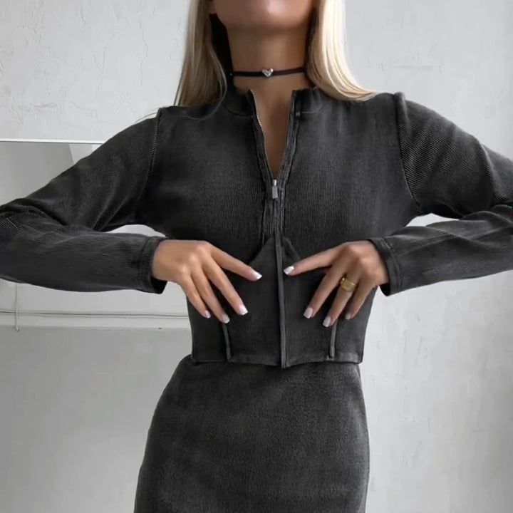 Damen Langarm Kleid mit Reißverschluss Drune