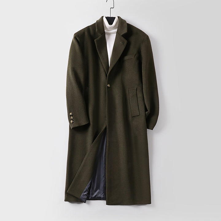 Herren Eleganter langer Einreiher-Wollmantel mit schmalem Revers und taillierter Silhouette Drune