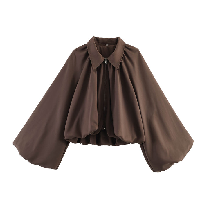 Damen Kurze Cape-Jacke mit voluminösen Ballonärmeln, Stehkragen und Reißverschluss Drune