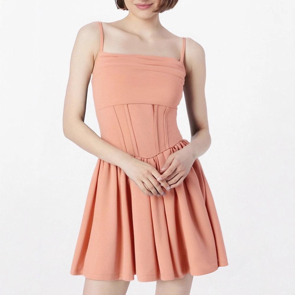 Damen schickes Sommerkleid mit Trägern und Falten Drune