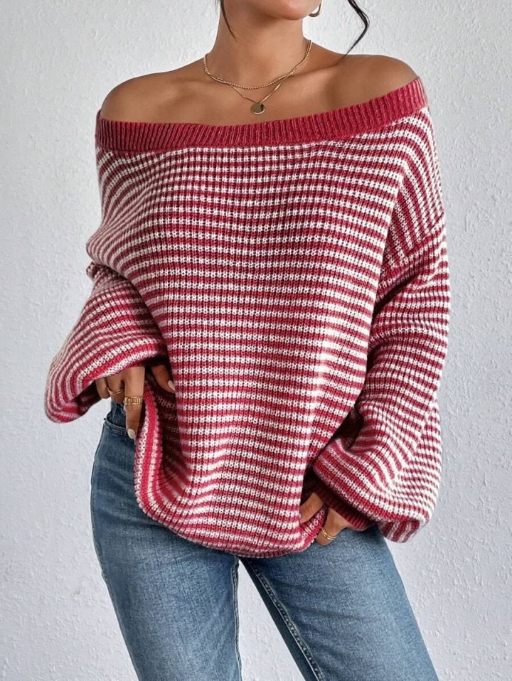 Damen oversized Strickpullover mit V-Ausschnitt und dekorativem Muster Drune